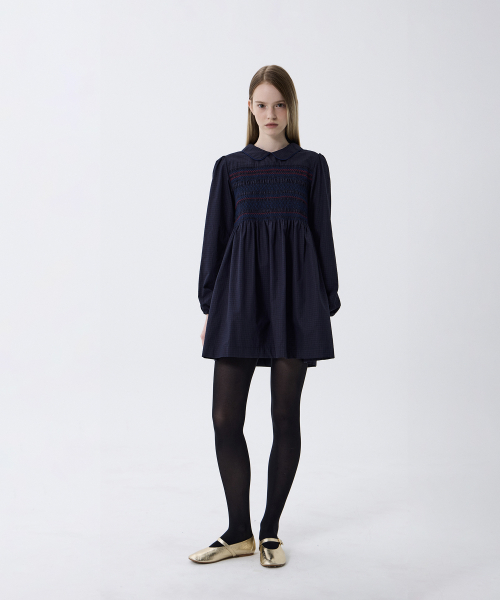 SMOCKED COLLAR MINI DRESS (NAVY)