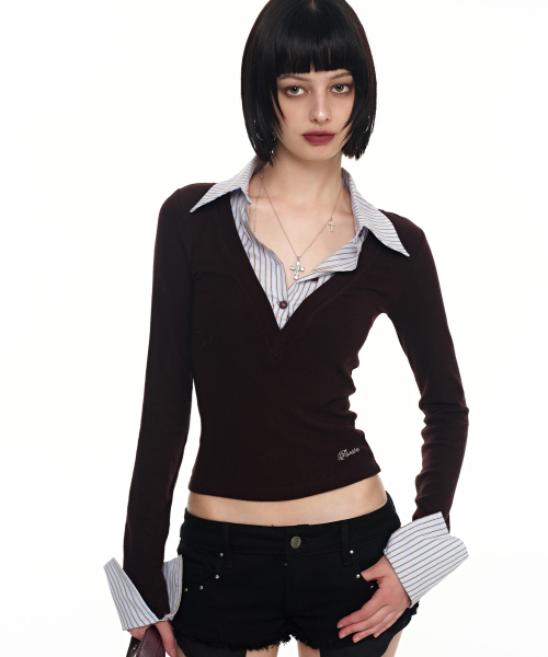 클로딘 카라 레이어드 니트 셔츠_브라운 Claudine Collar Layered Knit Shirt_Brown