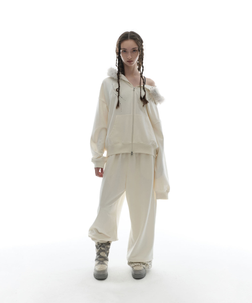 Hotfix Fur Hoodie Zip-up / Ivory