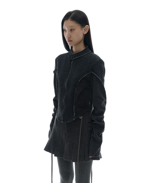 Raw-Cut Cropped Knit Jacket / Charcoal