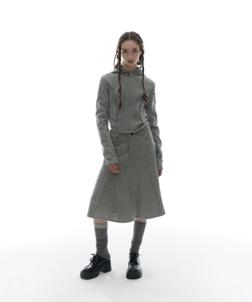 Raw-Cut Cropped Knit Jacket / Grey