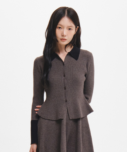 woman collar-sleeve color-blocked slim cardigan [chrcoal]
