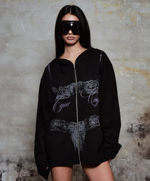 Vintage Lingerie Hooded Zip-up - Black
