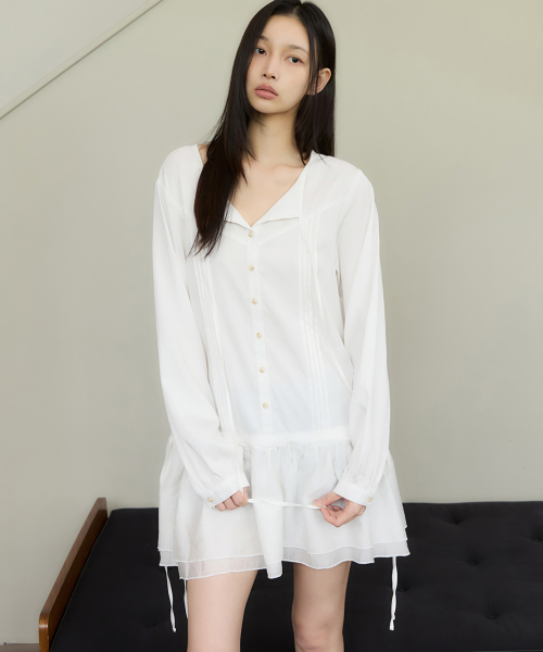 Tuck Line Frill One-Piece Ivory