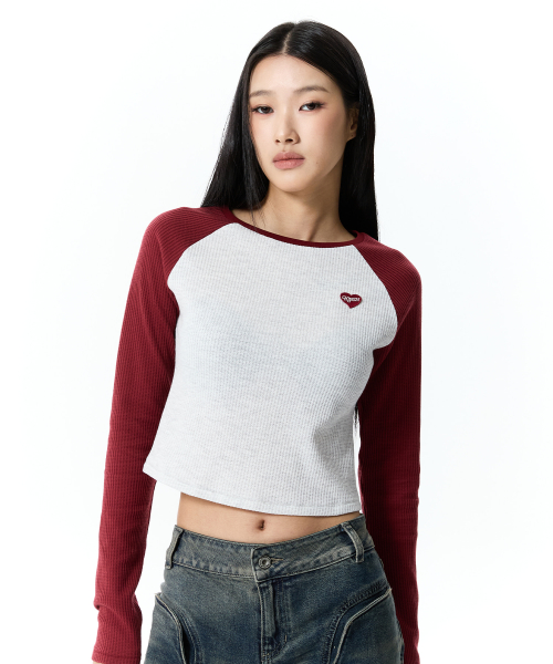 COLOR-MIX RAGLAN WAFFLE LONG SLEEVE(DEEP RED)