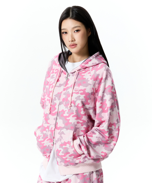 CHERRY CAMO LOOSE-FIT HOODED ZIP-UP(LIGHT PINK)
