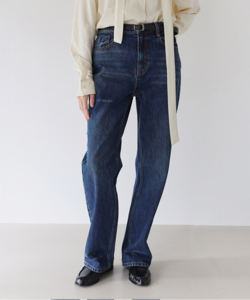 VINTAGE DAMAGE STRAIGHT DENIM, DARK BLUE