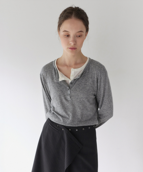 SOFT HENLEY NECK LONG SLEEVE, MELANGE GREY