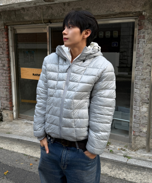 레이크 패딩 후드 자켓 라이트그레이