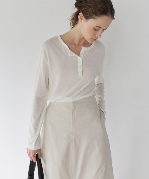 SOFT HENLEY NECK LONG SLEEVE, IVORY