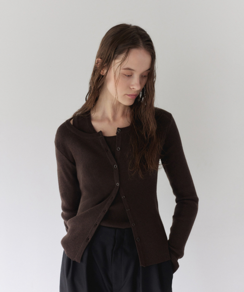 RIB KNIT CARDIGAN SET-UP BROWN