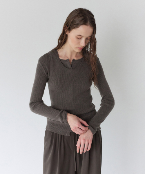 RIB KNIT CARDIGAN SET-UP, KHAKI BEIGE