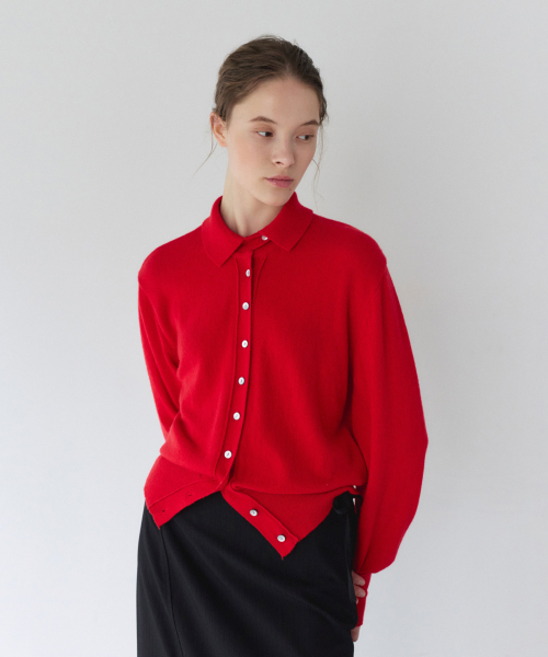 HIGH NECK BUTTON CARDIGAN, RED