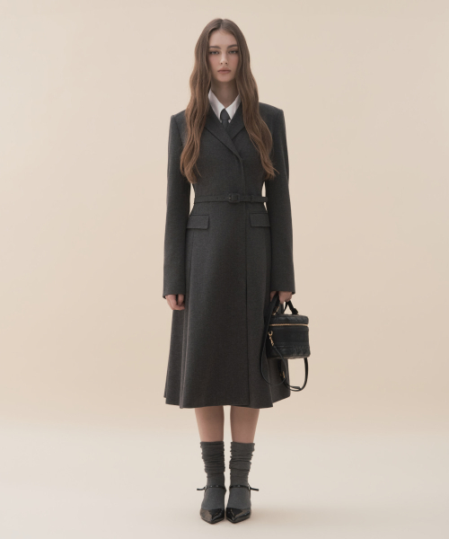 Jenn Herringbone Long Belted Dress - Dark Grey