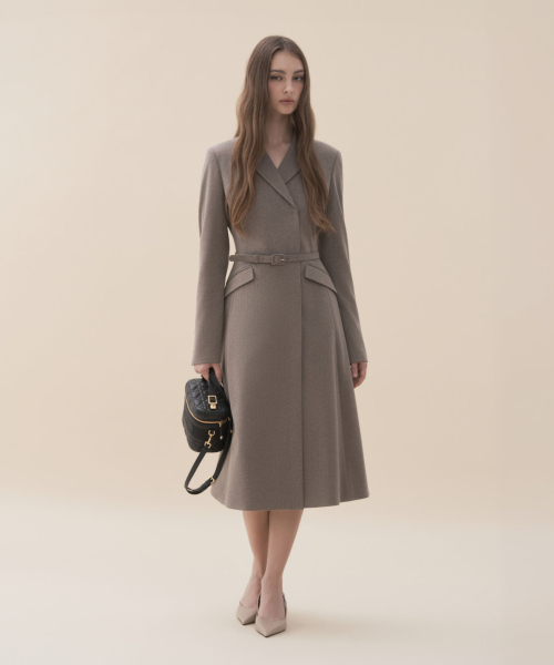 마우솔레움 Jenn Herringbone Long Belted Dress - Brown