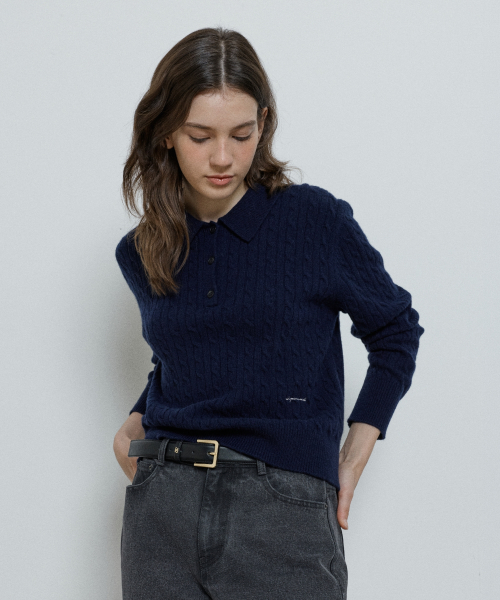 cashmere blend collar cable pullover - navy