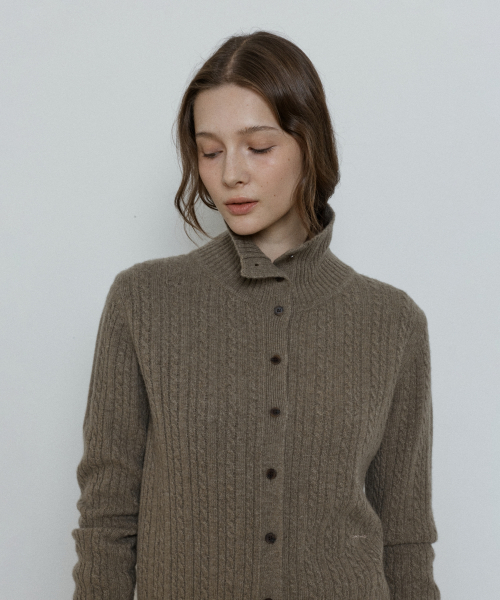cashmere blend high neck cable cardigan - khaki beige
