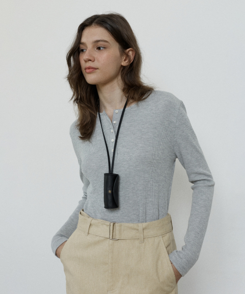 waffle henley neck t-shirt - melange grey
