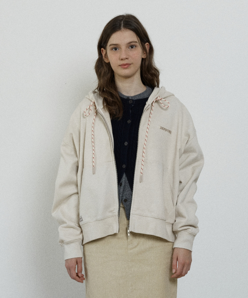 relaxed hood zip up - beige