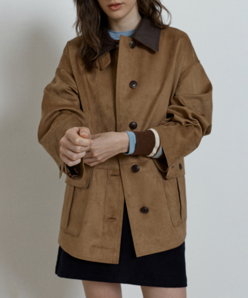 leather collar suede half jacket - brown