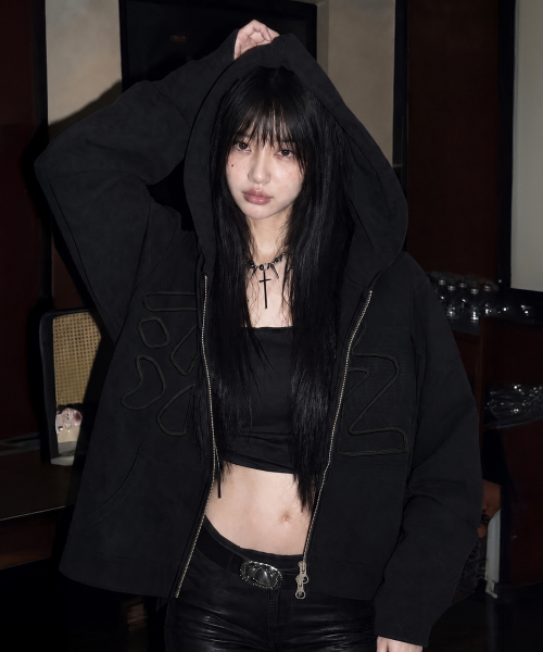 Waffle Thumbhole Zip-Up Hoodie Black [TRACK 003]
