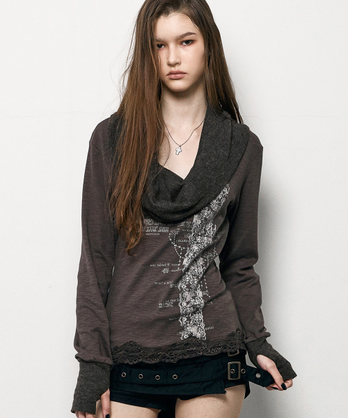 Slouchy-Neck Lace Top (BROWN)