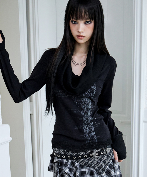 Slouchy-Neck Lace Top (BLACK)