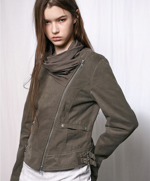 Drape Neck Biker Jacket (KHAKI BROWN)