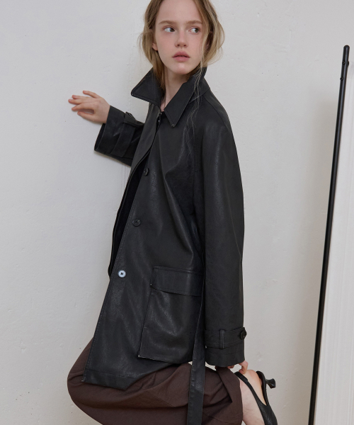 Washed Faux Leather Car Coat_Black