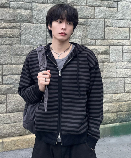 Black Stripe Hooded Zip-up Cardigan