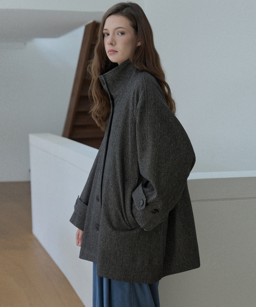 Herringbone Half Coat - BROWN