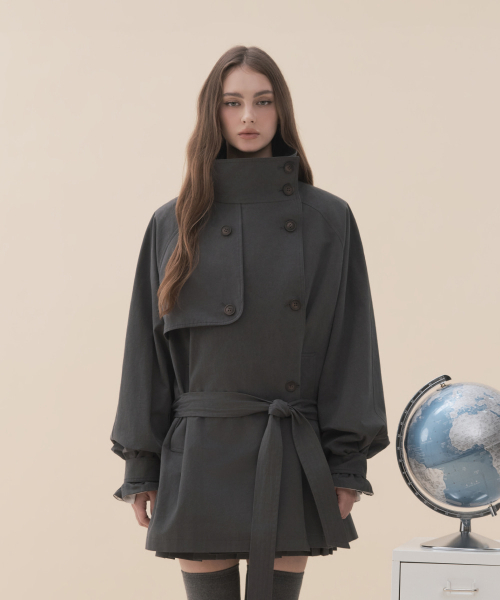 Jenn High-Neck Double-Button Trenchcoat - Charcoal