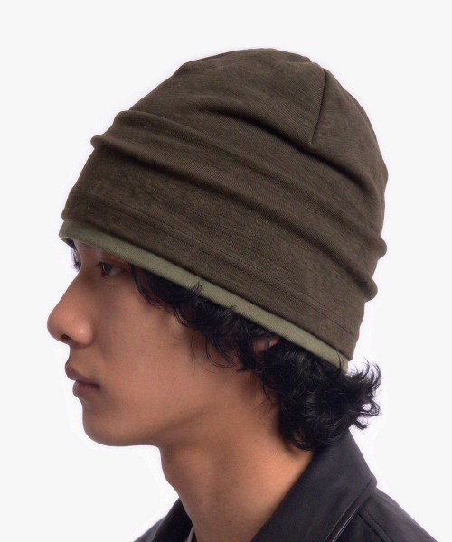 겨울 롤업 이중 레이어드 슬러브 롱비니 남녀공용 모자 DOUBLE KNIT HAT / AG WOOL / MELANGE KHAKI