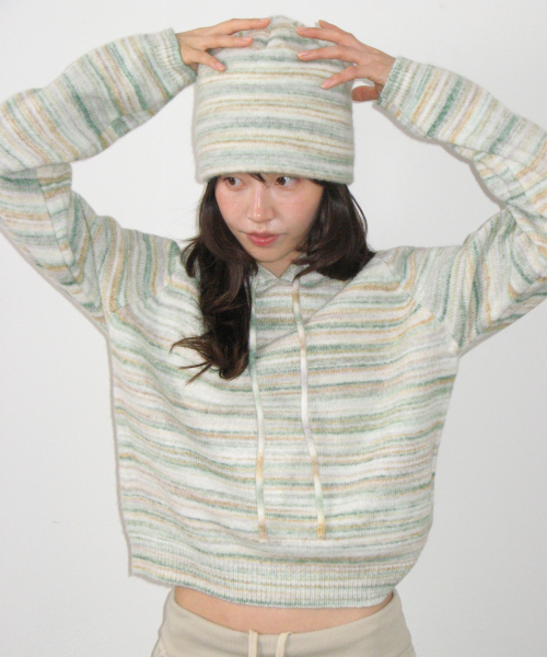 SOFT STRIPE HOOD KNIT GREEN