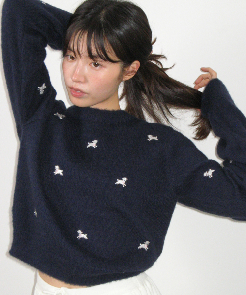RIBBON SHEEP PATTERN KNIT PULLOVER NAVY