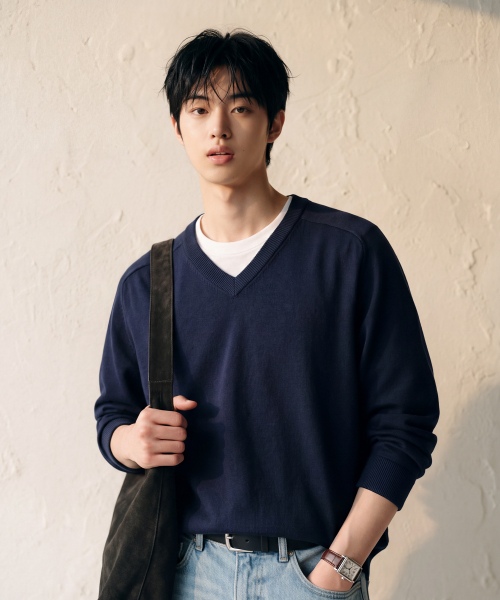 Layer Cotton V-neck Long Sleeve Knit Navy SJKN2719