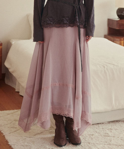 오앨 LACE TRIM ASYMMETRIC SKIRT_DUSTY PINK