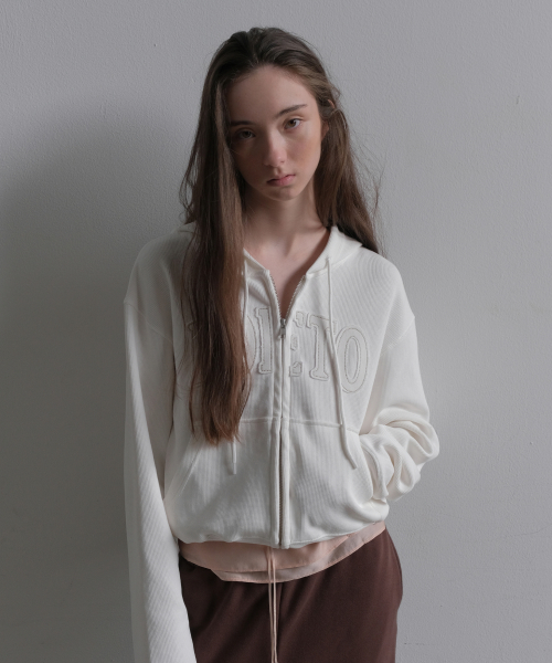 Grid waffle hoody zip-up - cream