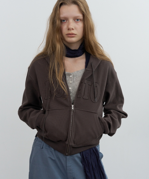Grid waffle hoody zip-up - brown