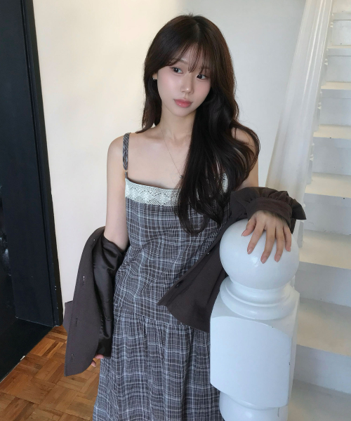 아우로 LACE CHECK LAYERED DRESS [ MULTI BROWN ]
