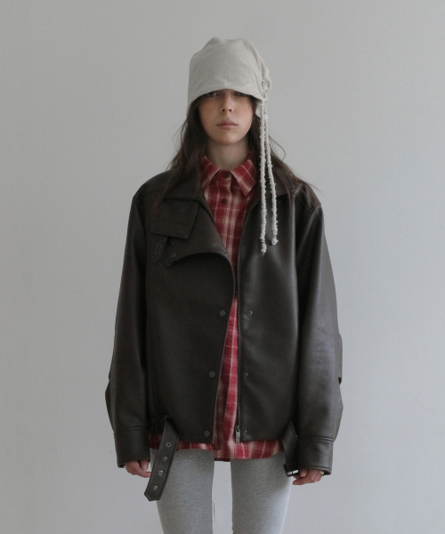 BELTED OVERSIZED LEATHER JUMPER [BROWN]