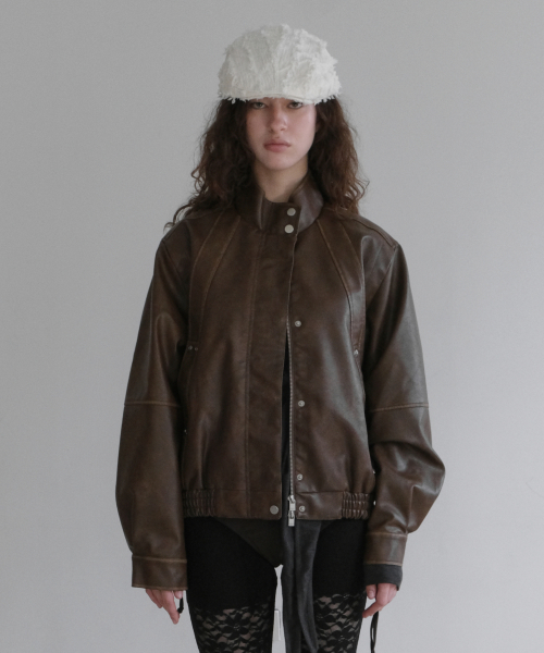 HIGH NECK LEATHER JUMPER [BROWN]