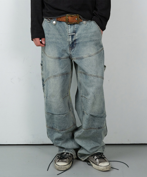 ROUND DOUBLE KNEE DENIM PANTS LIGHT BLUE