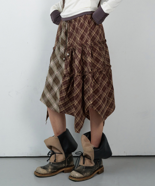 UNBALANCE LAYERED CHECK SKIRT (W) BROWN