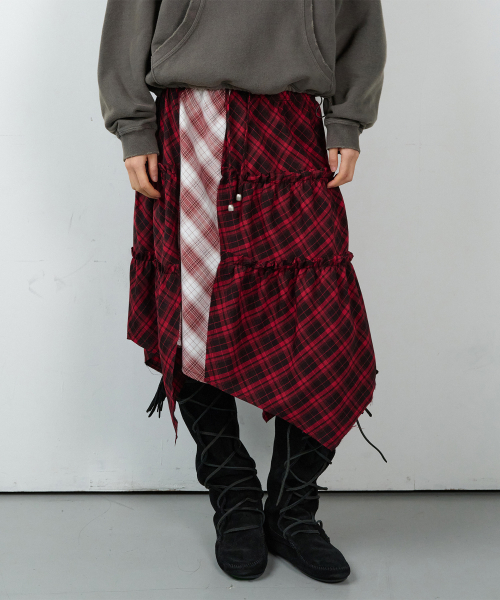UNBALANCE LAYERED CHECK SKIRT (W) RED