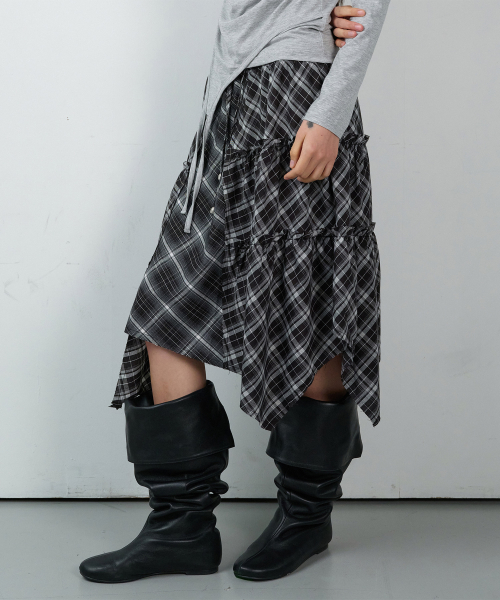 UNBALANCE LAYERED CHECK SKIRT (W) BLACK