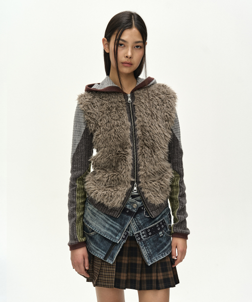 FUR COLOR-BLOCKED HOODED ZIP-UP (CHARCOAL/KHAKI) — Main product photo