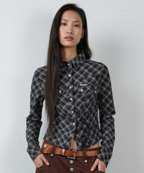 PAINTING CROP CHECK SHIRTS(W) BLACK