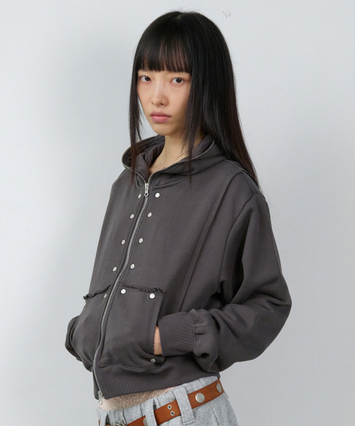 STUDDED FULL ZIP-UP HOODIE (W) CHARCOAL