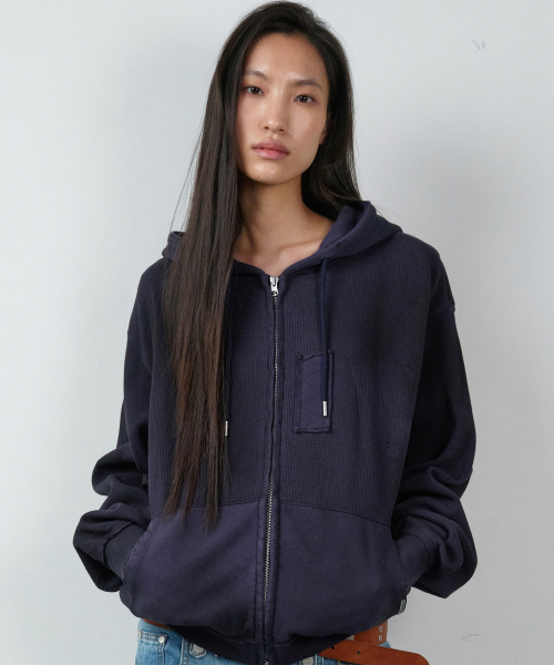 WAFFLE MIXED HOODIE ZIP-UP NAVY